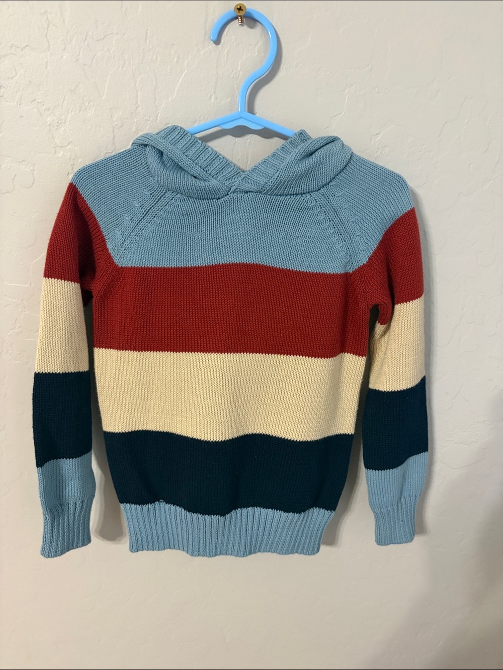 Kids Striped Hooded Sweater in Light Blue, Red & Cream